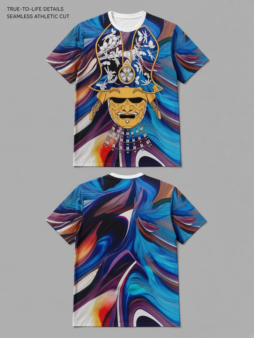 Samurai Mask 3D Optical Illusion Graphic Tee Breathable Athletic Mesh T-Shirt Casual and Sports Wear