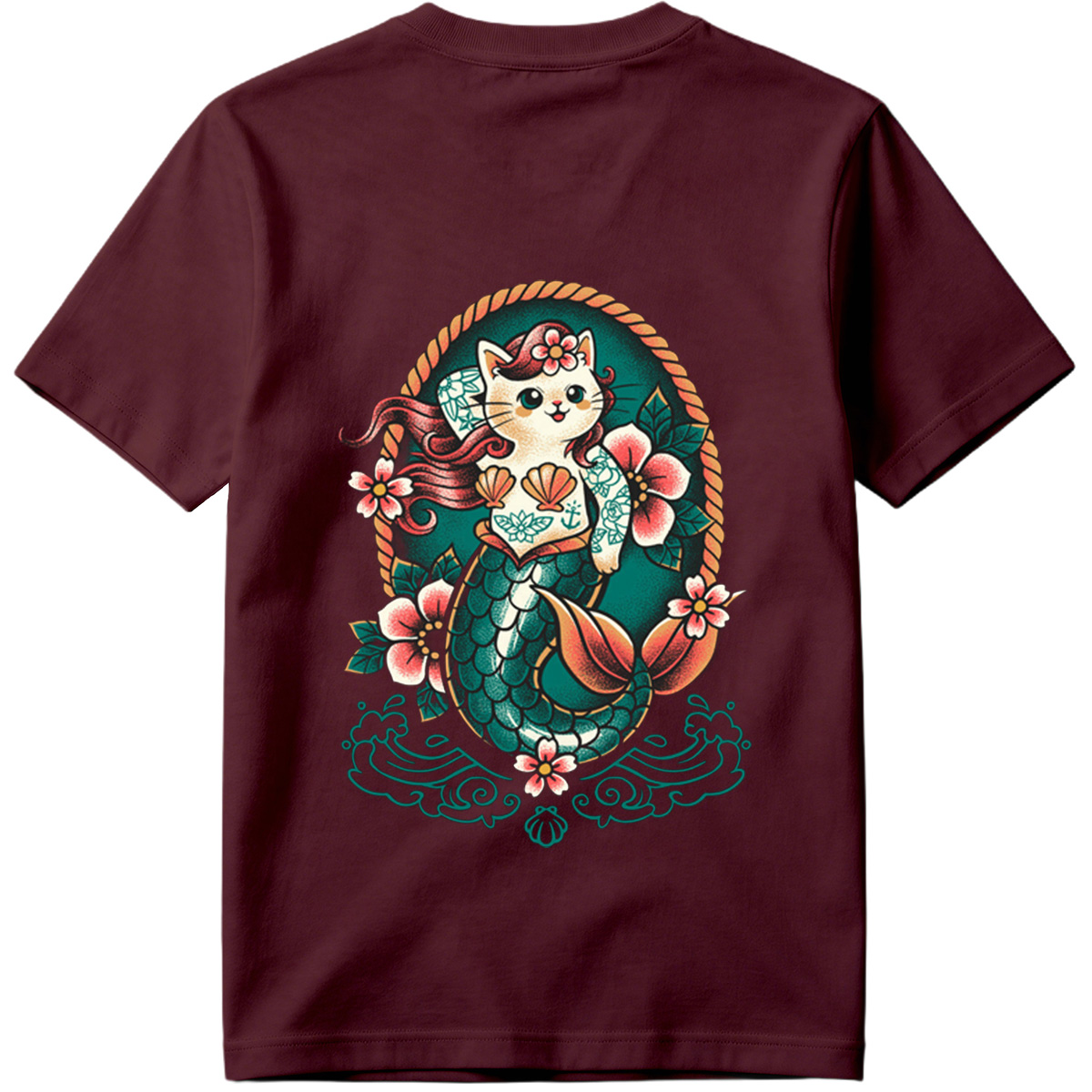 Mermaid Cat with Floral Tattoo Design - Tee