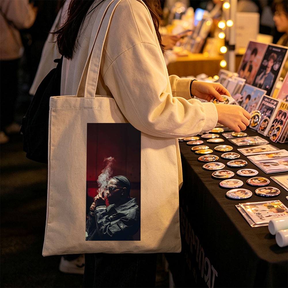 Lil Durk Smoking Cigar in Dark Leather Jacket with Smoke Rising - Canvas tote bags