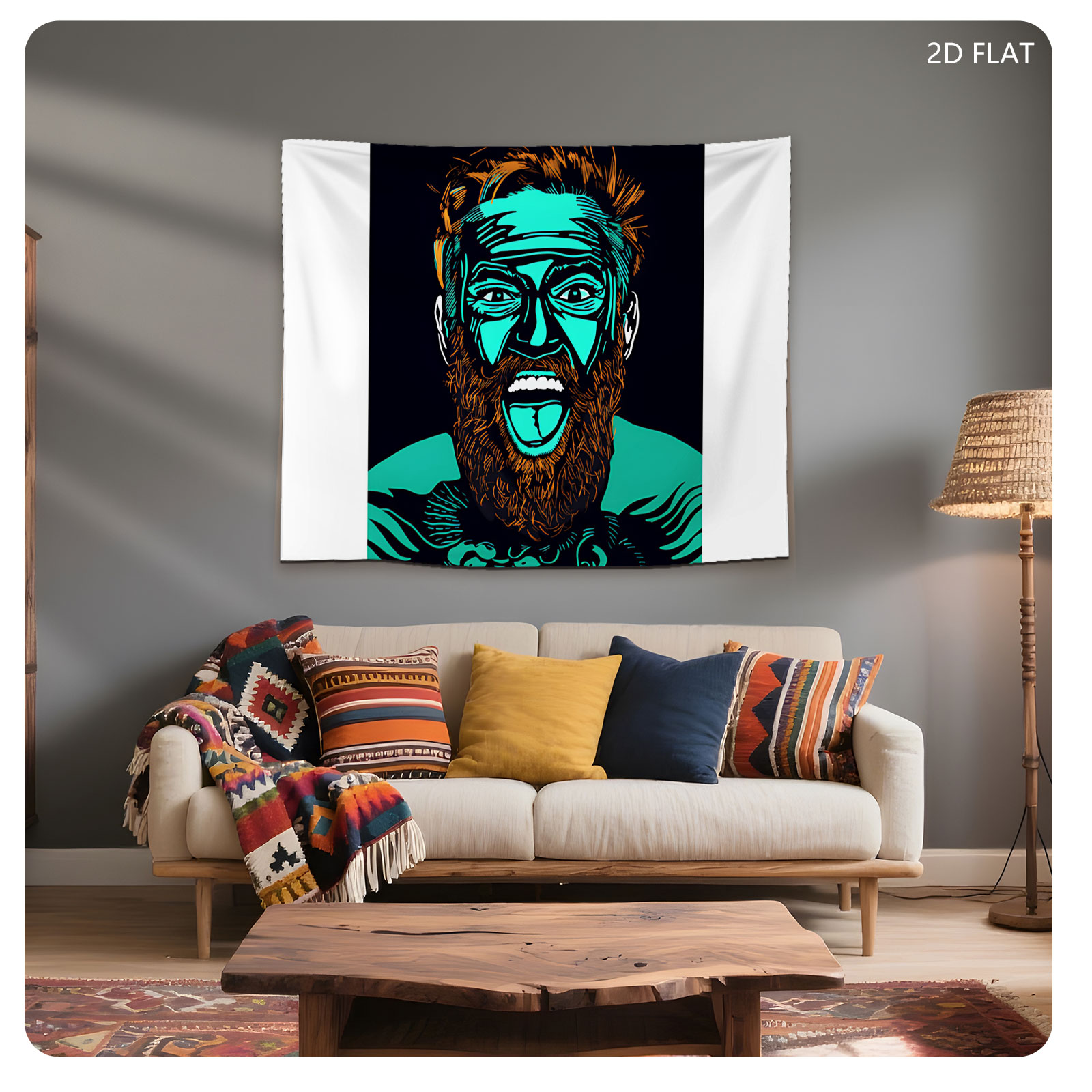 Bearded Man with Turquoise Face and Intense Expression - Tapestry