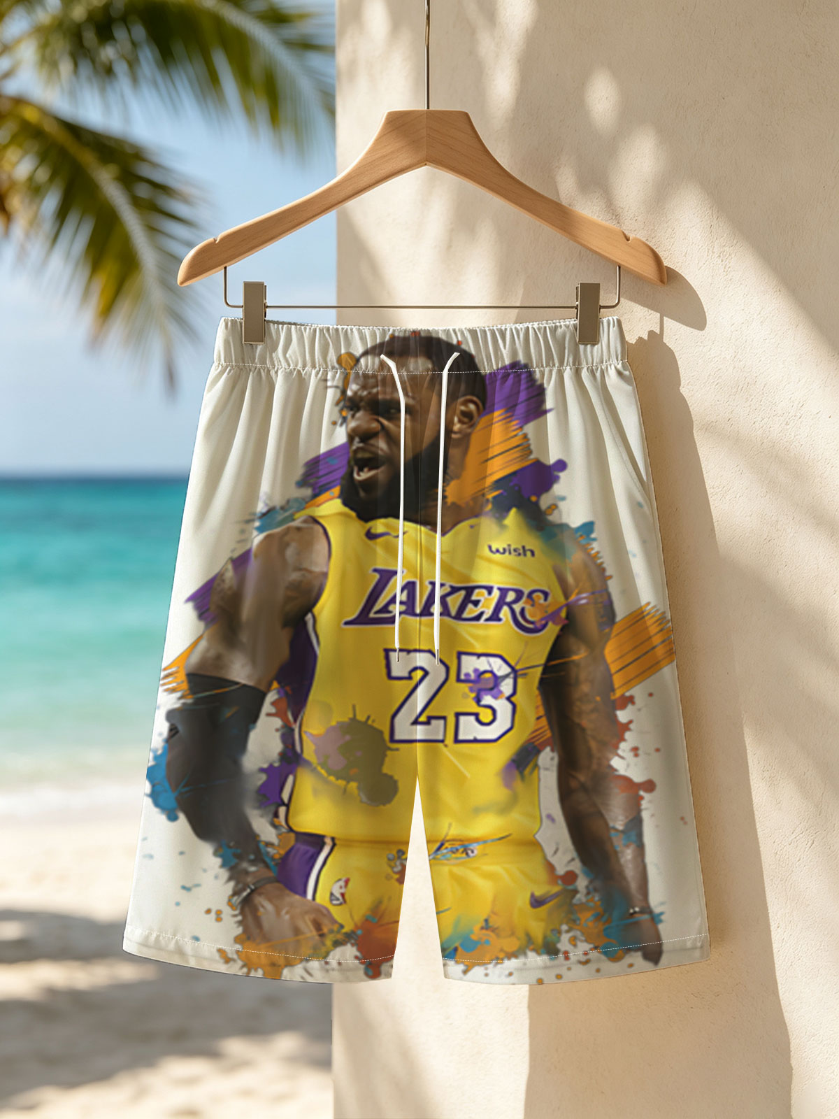 LeBron James in Lakers Jersey, Number 23, Dynamic Artwork -  Beach shorts