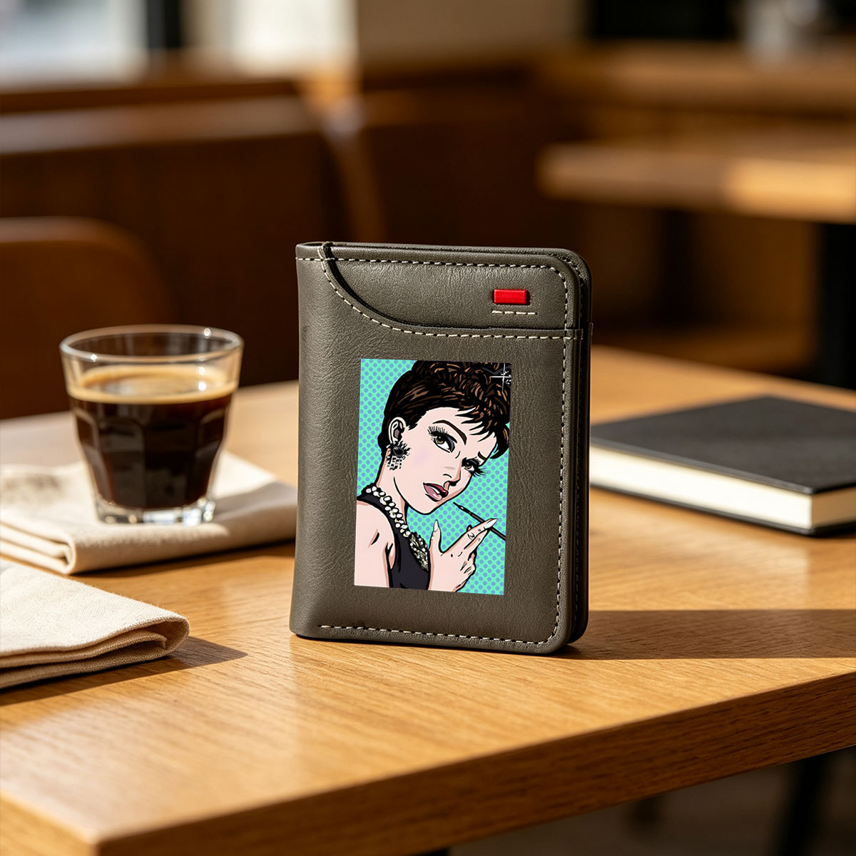 Audrey Hepburn in Pop Art Style, Wearing Pearls and Holding a Cigarette - Vertical Style Wallet