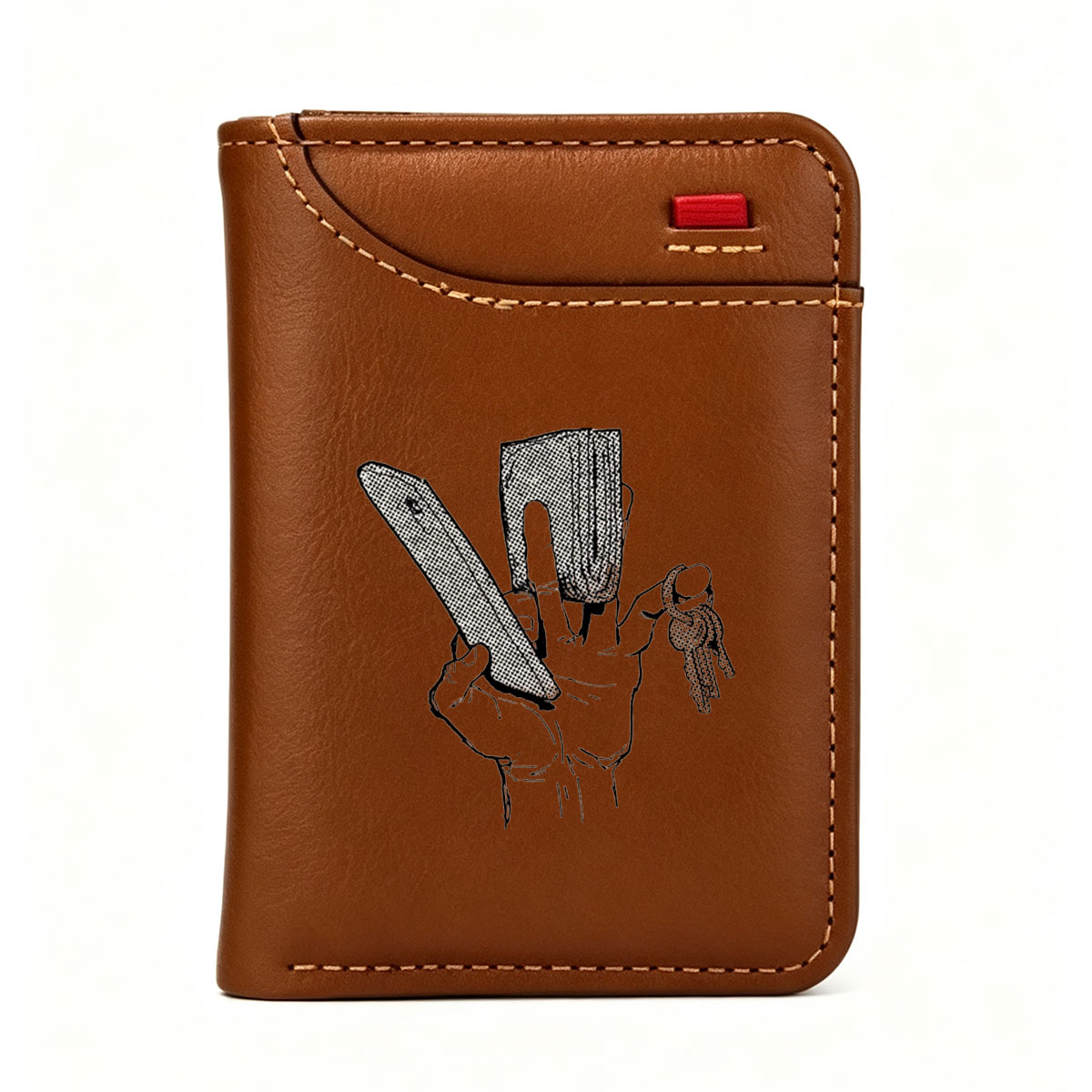 Hand Holding Knife, Shovel, and Keys - Vertical Style Wallet