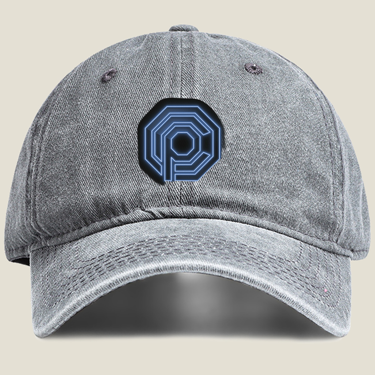 Neon Blue Octagonal Logo with Letter P - Washed Denim - Baseball Cap