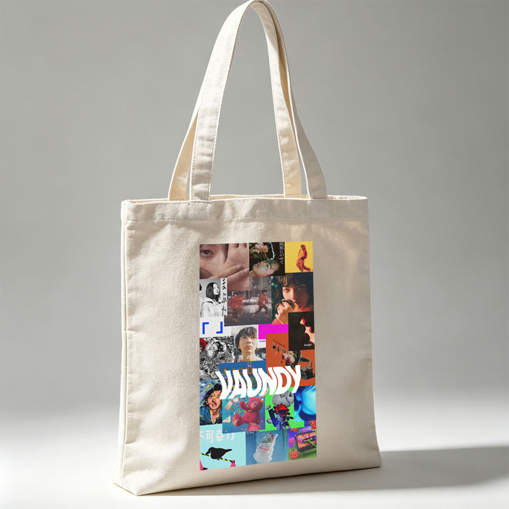 VAUNDY in a vibrant collage of artistic scenes featuring expressive faces, colorful imagery, and dynamic visuals - Canvas tote bags
