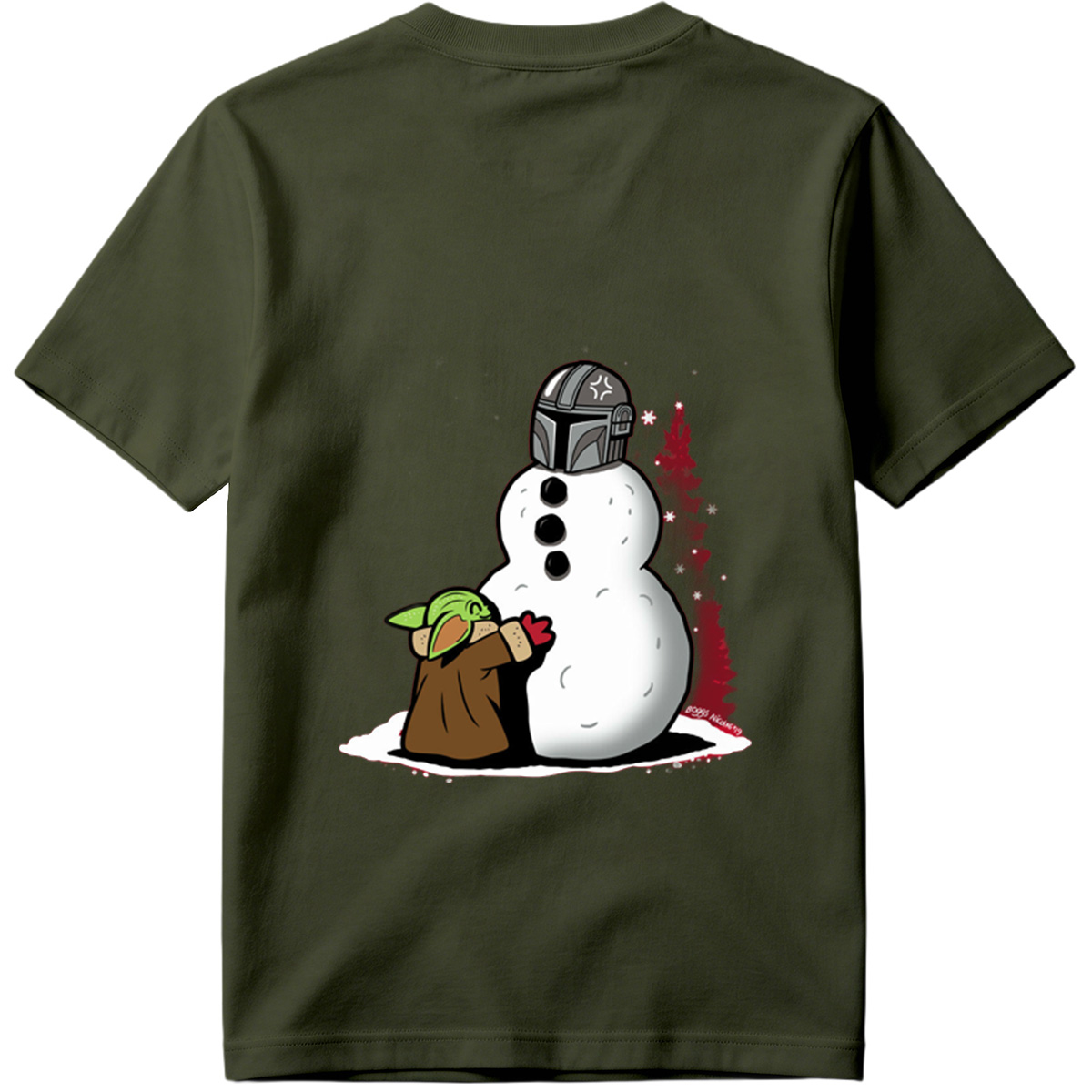 Baby Yoda Builds Snowman with Mandalorian Helmet - Tee