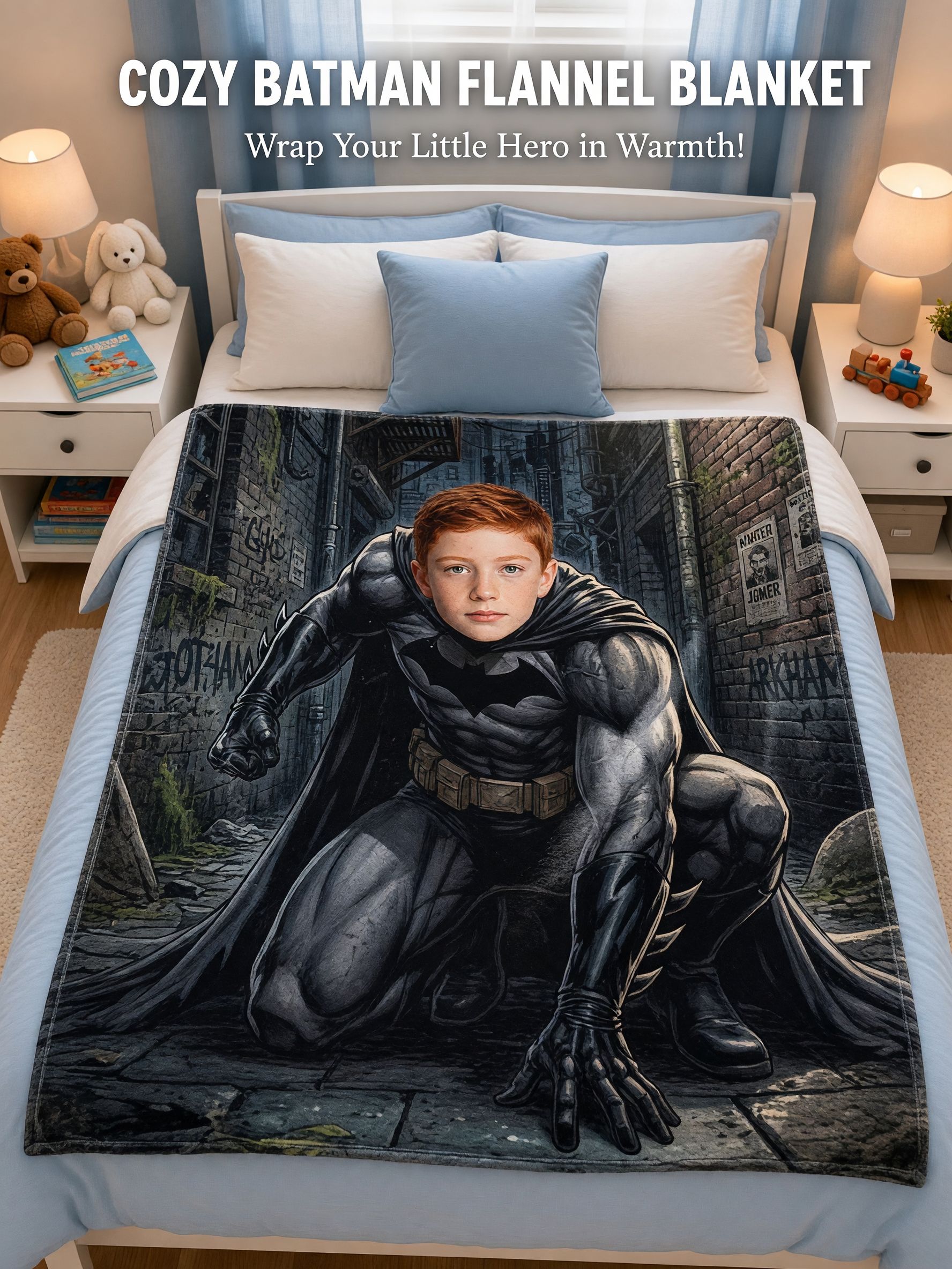 Custom Superhero Photo Fleece Blanket Personalized Face Graphic Soft Flannel Throw for Kids Adults Cozy Home Gift