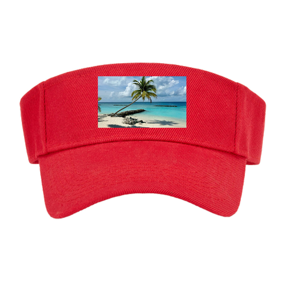 Tropical beach with palm tree leaning over turquoise water and white sand under blue sky. -  Visor cap