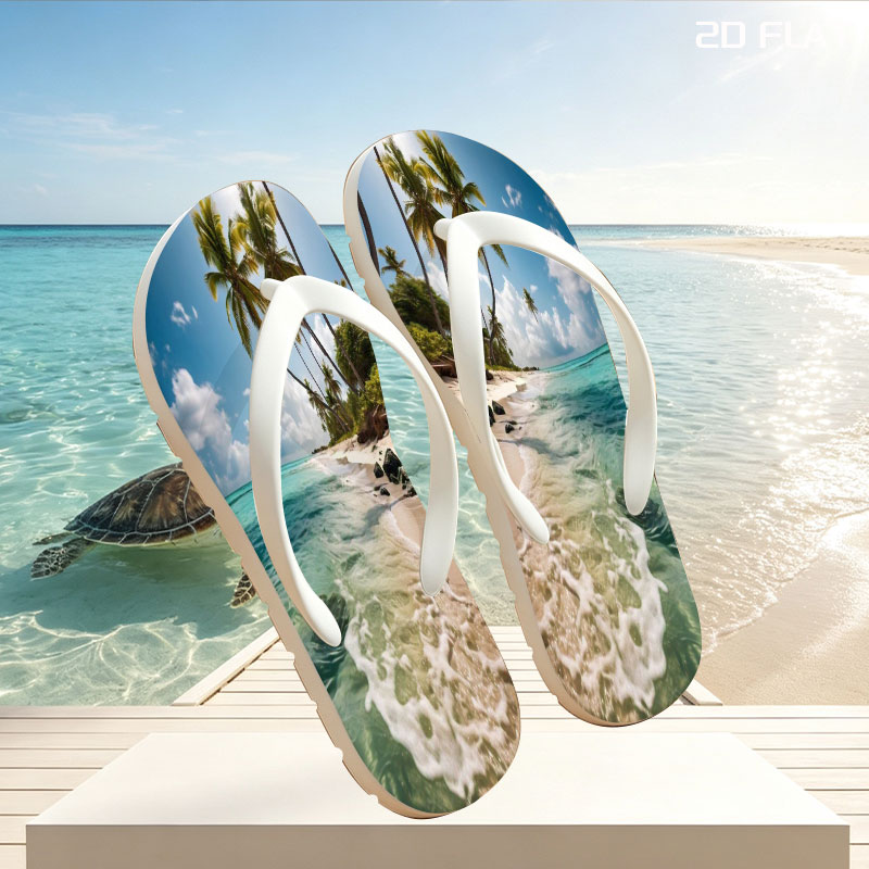Tropical Beach with Palm Trees and Crystal Clear Water -  flip-flops