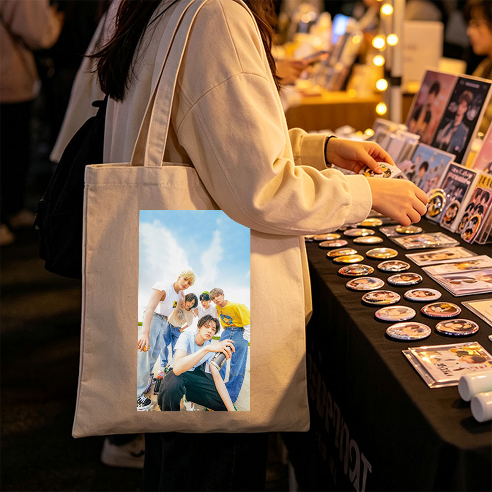 TXT Members Outdoors in Casual Wear Holding Drinks Under Blue Sky - Canvas tote bags
