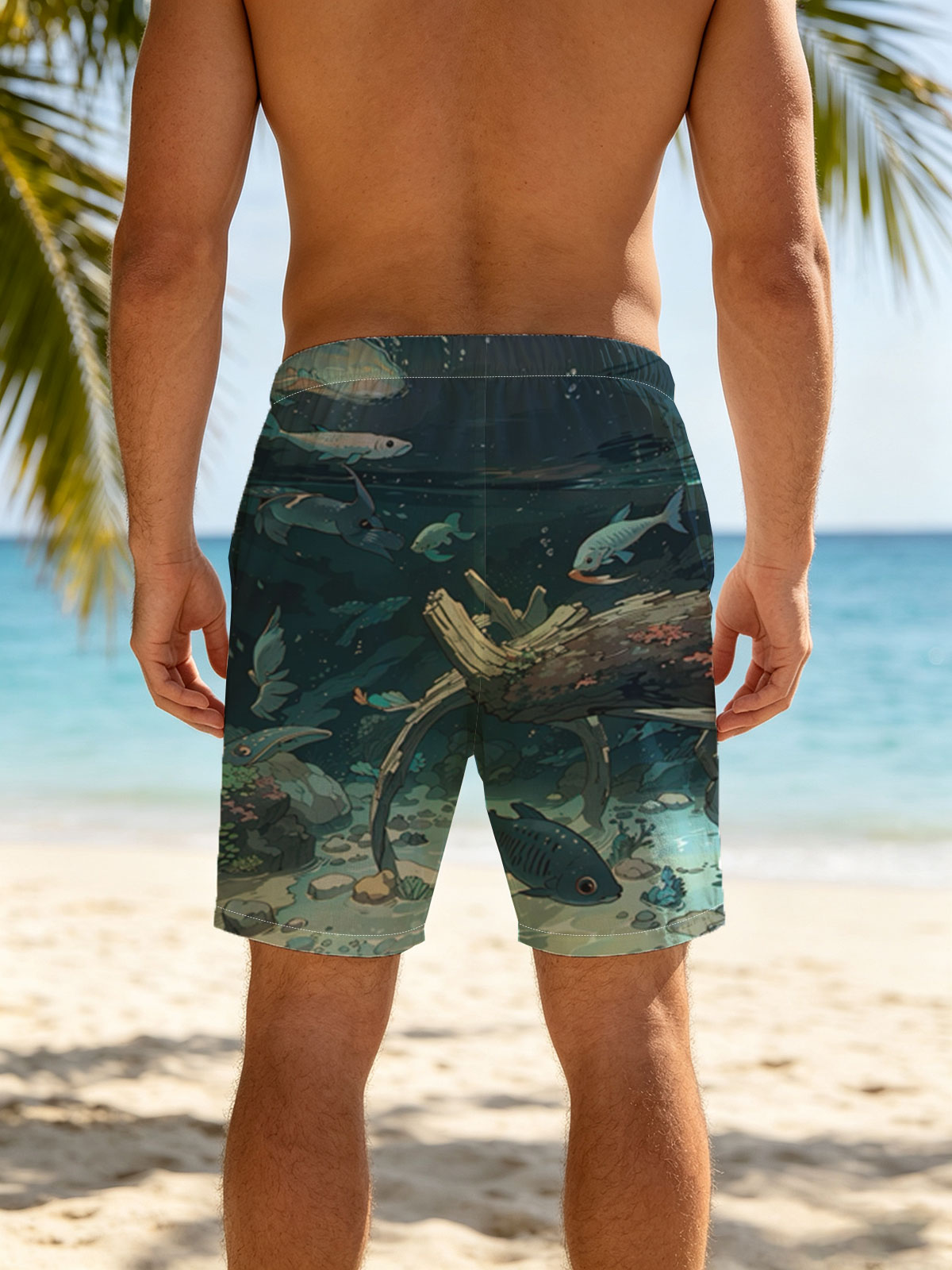 Underwater Scene with Fish and Sunken Log -  Beach shorts
