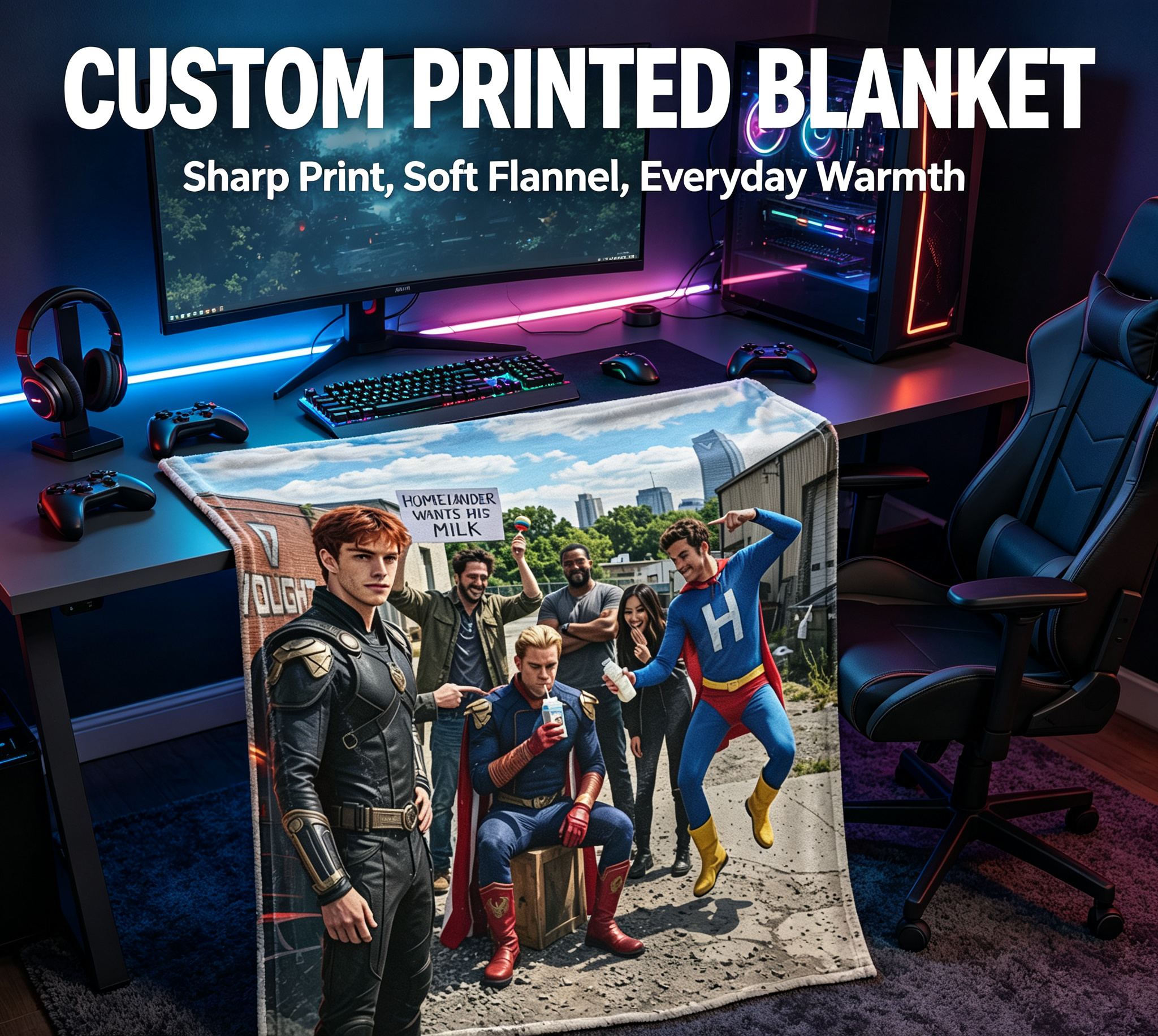 Custom Face Blanket The Boys Homelander and Superhero Team Flannel Blanket Perfect for Fans of the Series Ideal Gift or Giveaway for Comic Book Enthusiasts