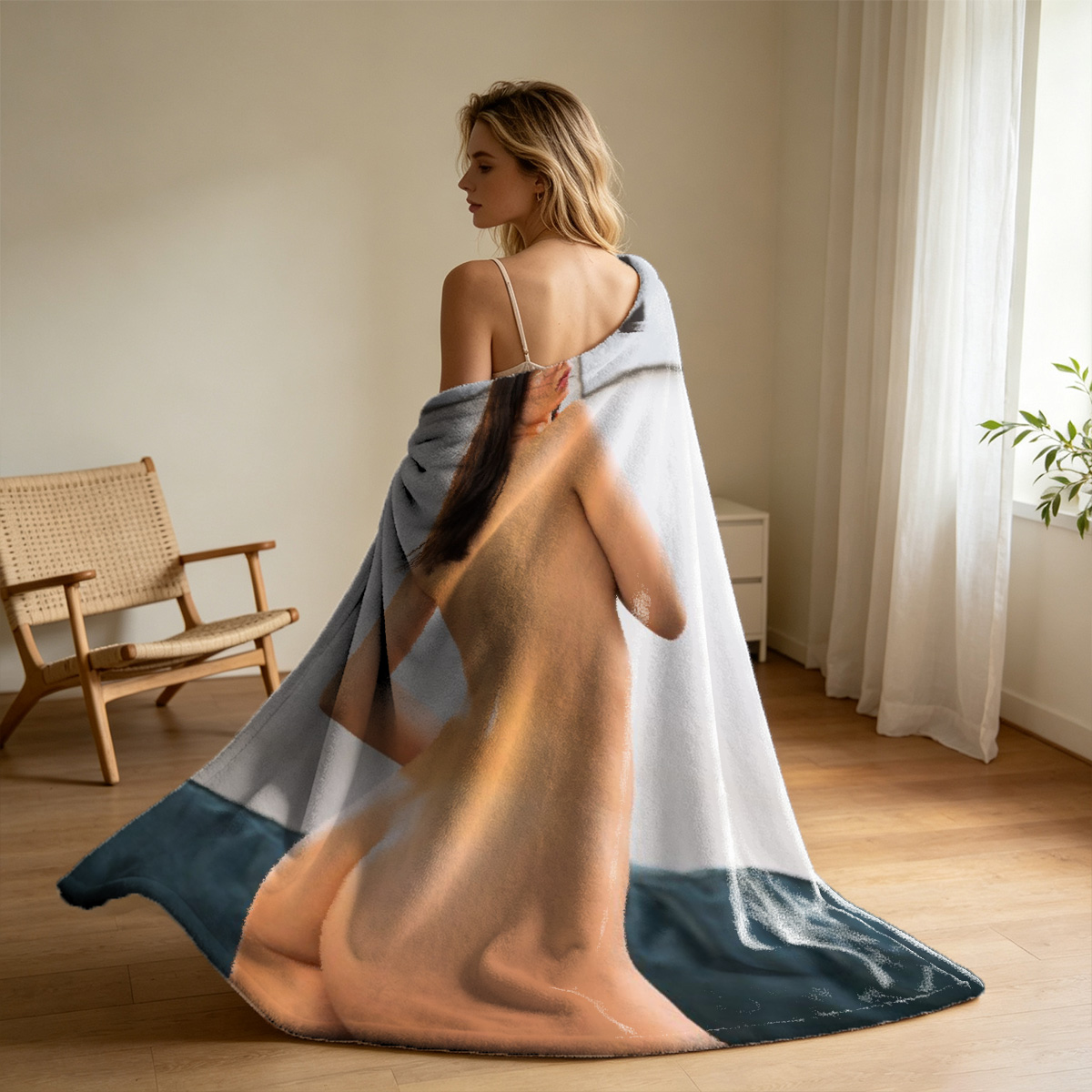 Nude blonde playfully posing stretched out on wooden table. - Blanket