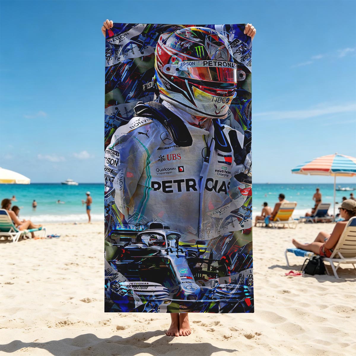 Lewis Hamilton in Mercedes F1 Racing Suit and Helmet, Petronas Sponsorship, Artistic Collage Style - Beach towels