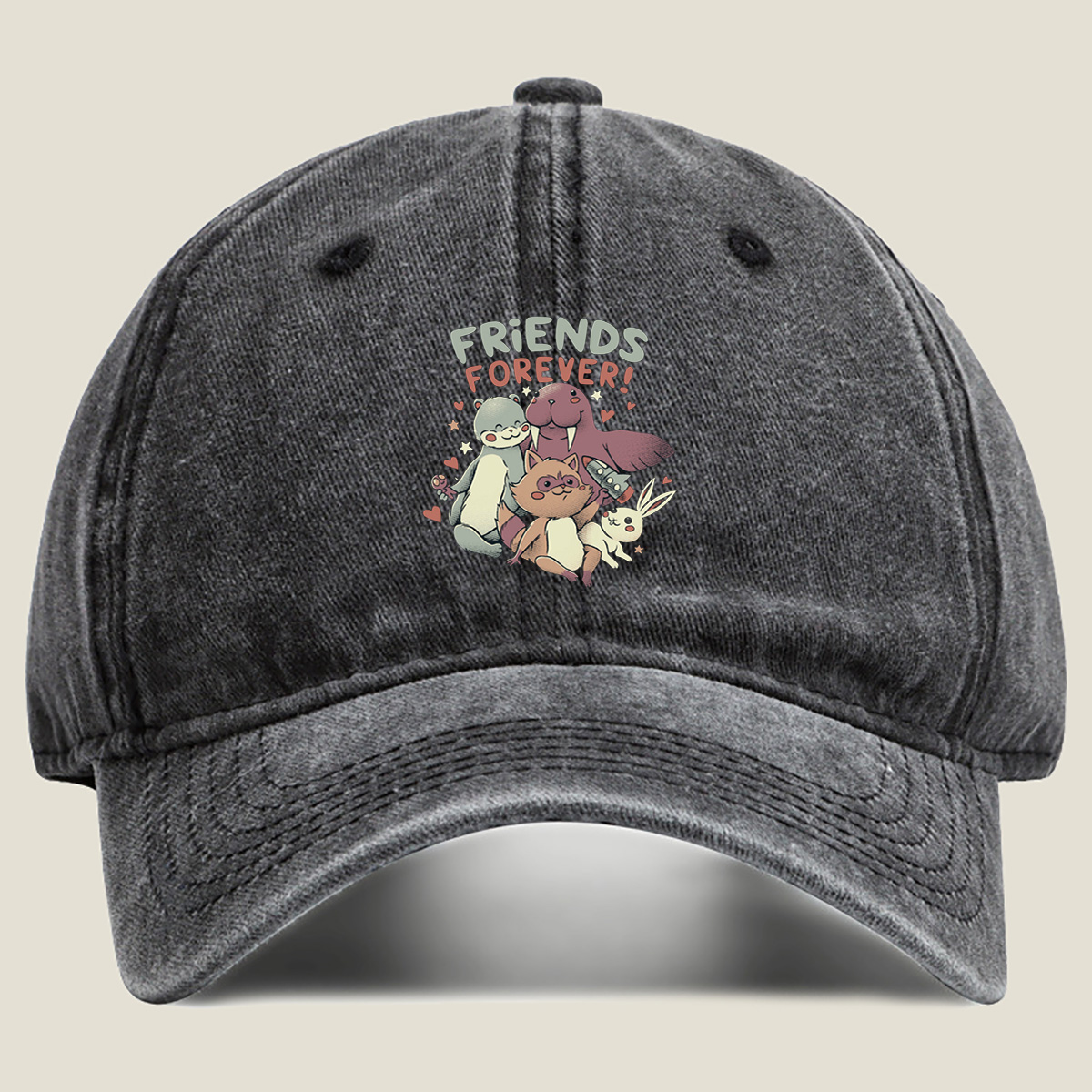 Friends Forever: Otter, Walrus, Cat, and Bunny - Washed Denim - Baseball Cap