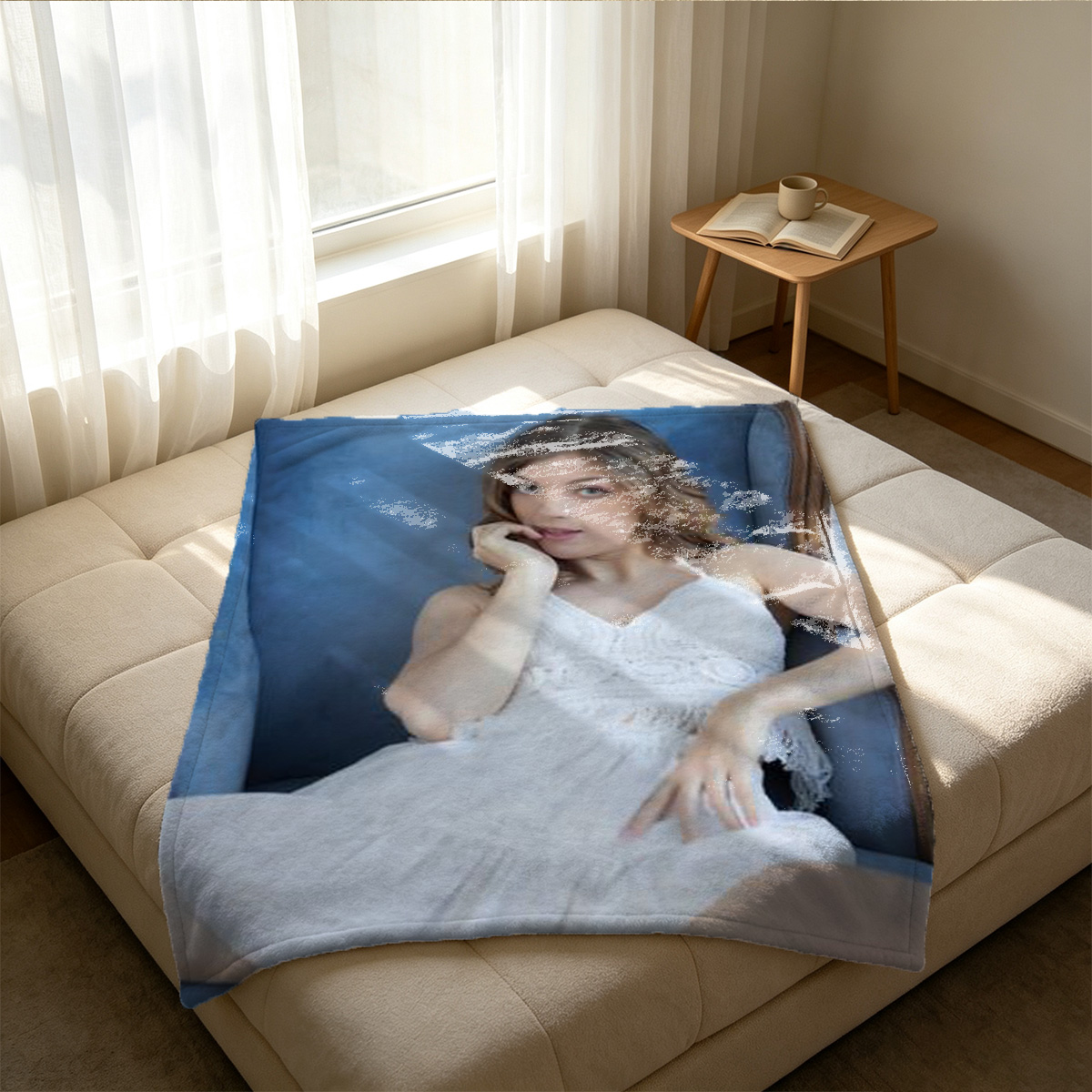 Saori Hayami wrapped in towel on wooden deck - Blanket