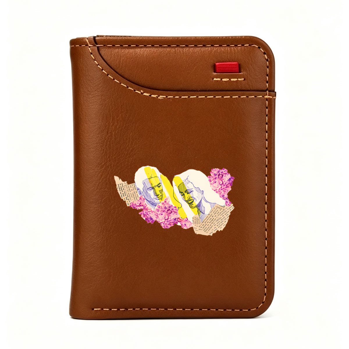 Two stylized faces with yellow highlights and purple flowers, set against a backdrop of text fragments. - Vertical Style Wallet