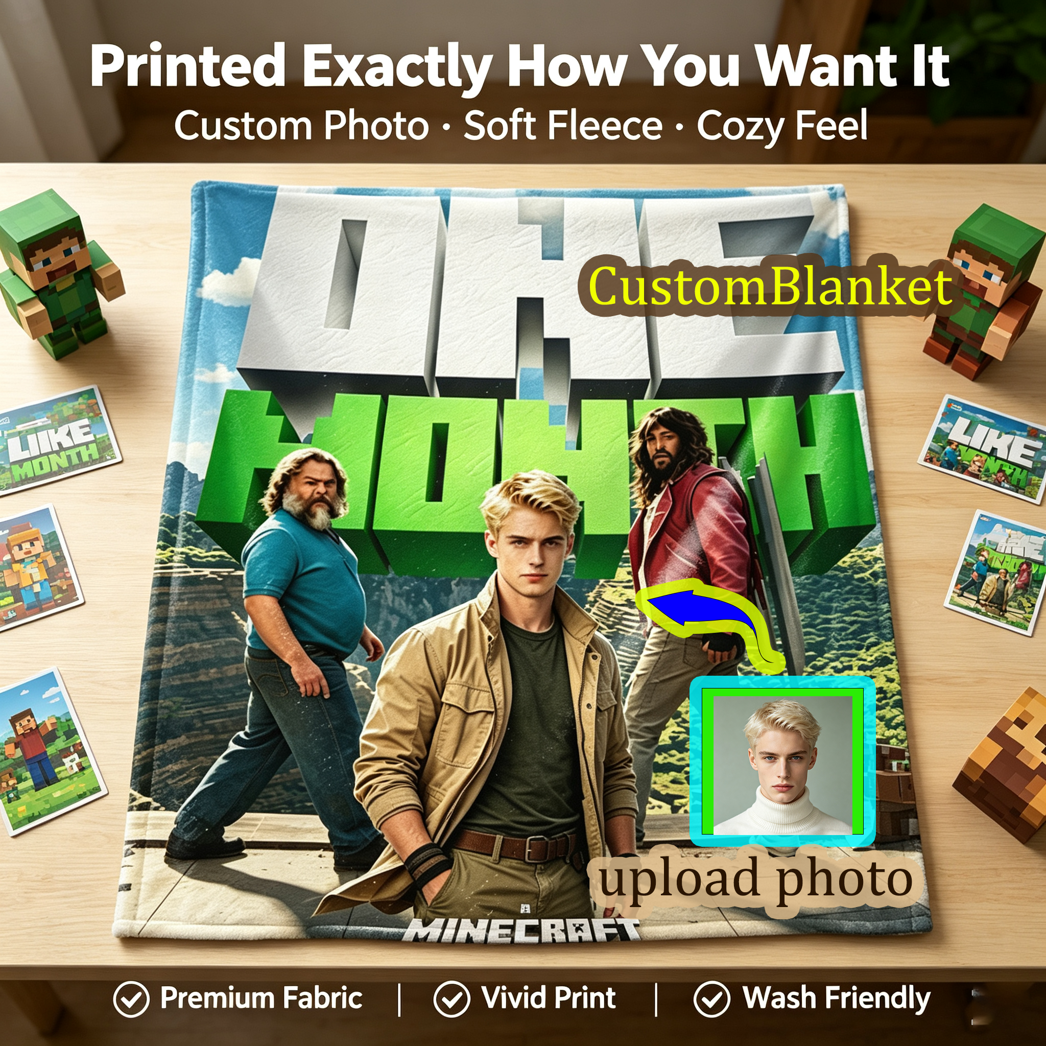 Custom Face Blanket Minecraft Movie Characters Flannel Blanket Perfect for Fans and Gamers Ideal Gift or Giveaway Item