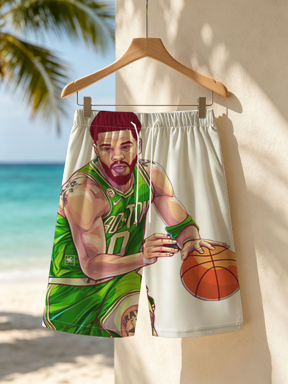 Jayson Tatum in Celtics Jersey Dribbling Basketball -  Beach shorts