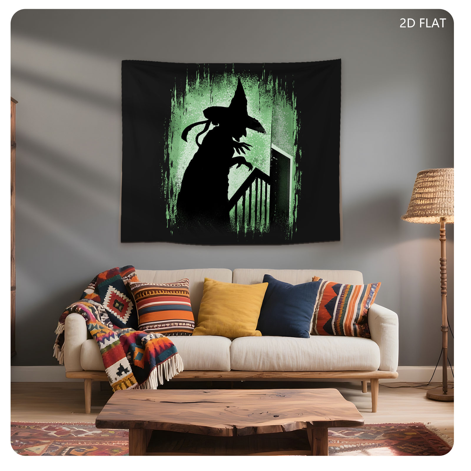 Silhouette of a Witch on Stairs in Green Glow - Tapestry