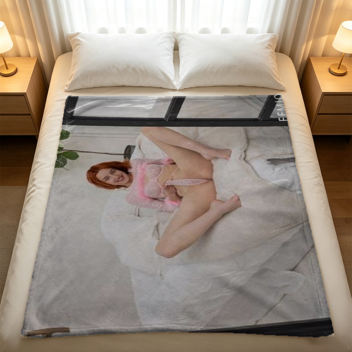 Two Women in Lingerie Kissing on Couch - Blanket