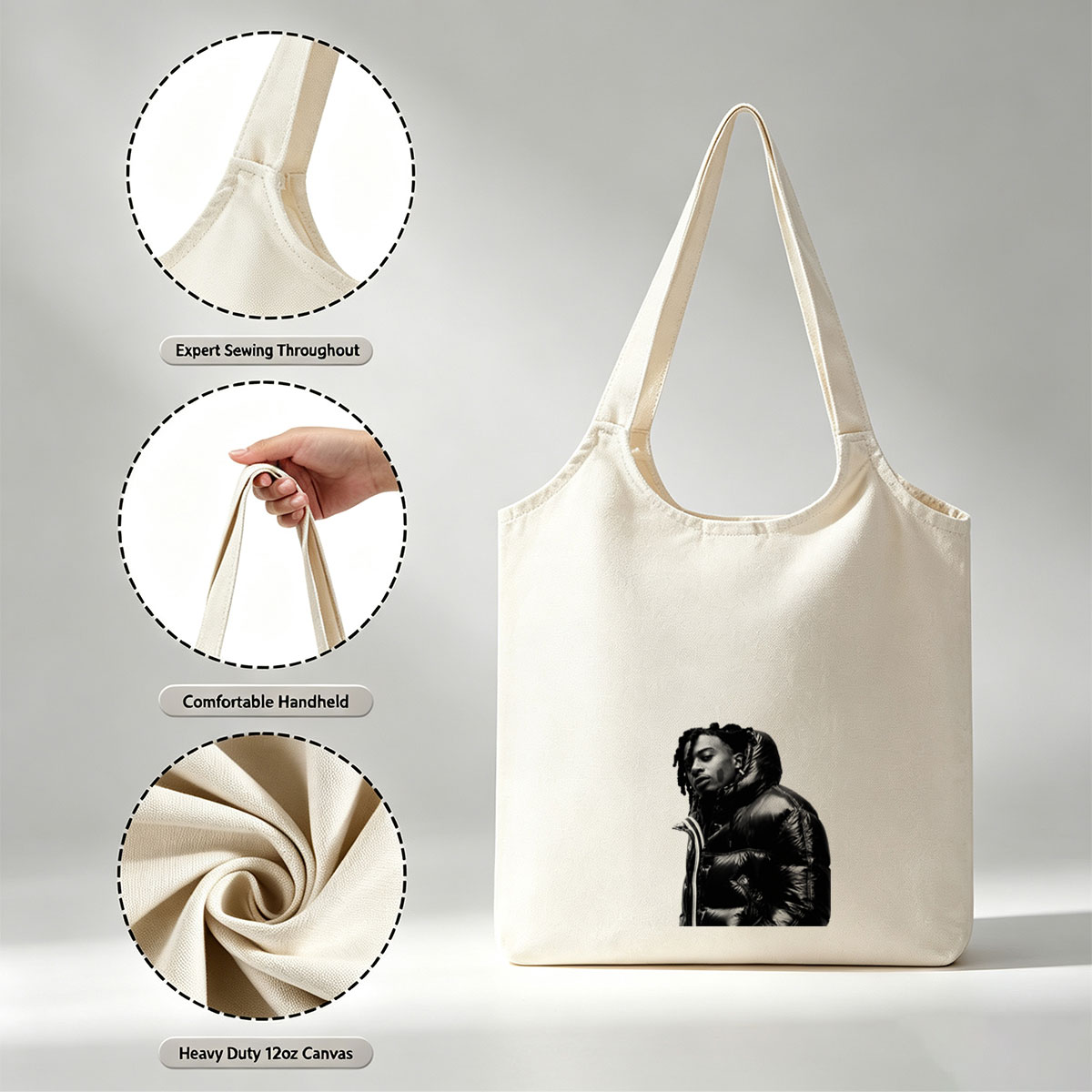 Lil Durk in a Bold Black Puffer Jacket Against a Stark White Background - Canvas shoulder bags/