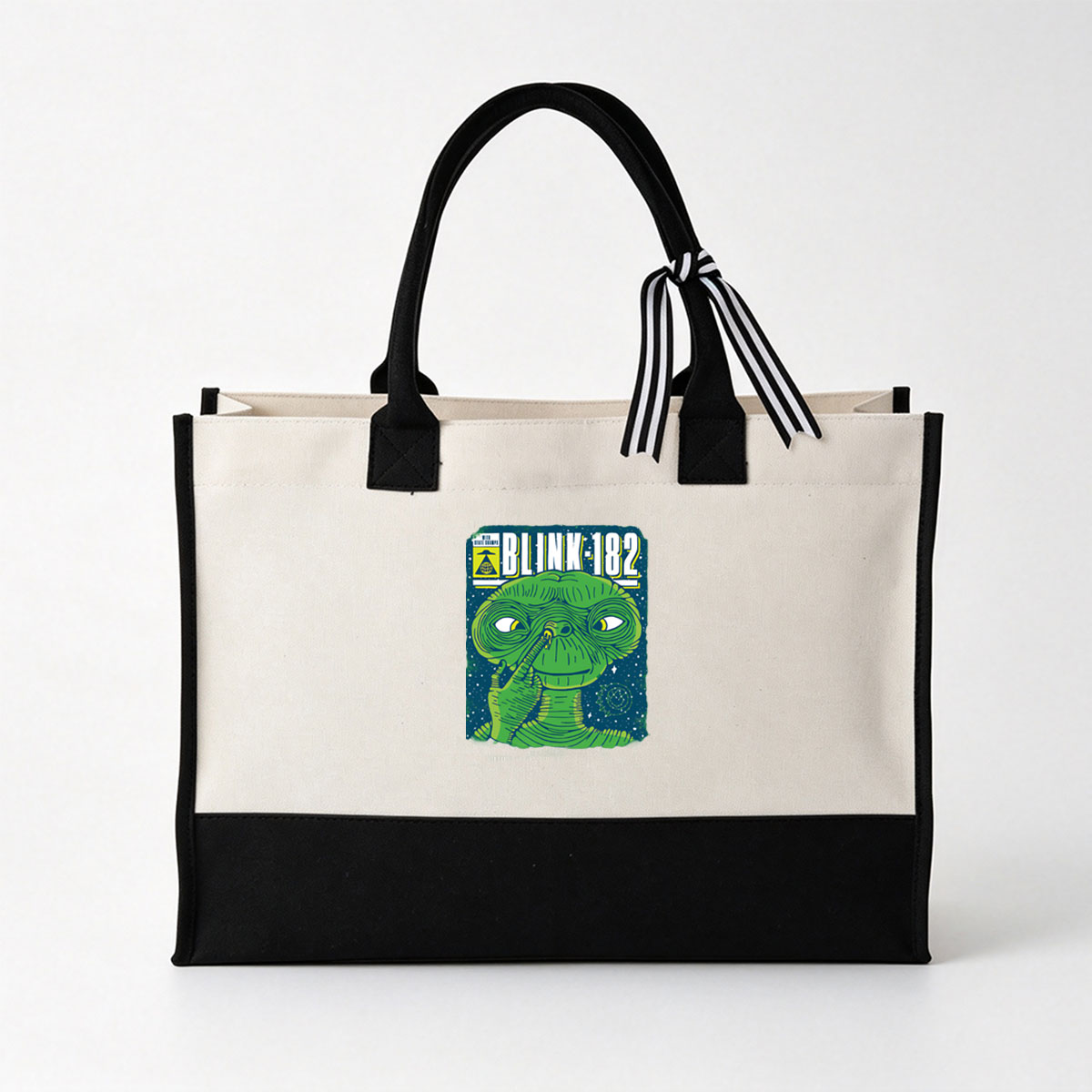Blink-182 Concert Poster Featuring Green Alien with Cosmic Background - Canvas patchwork gift tote bag