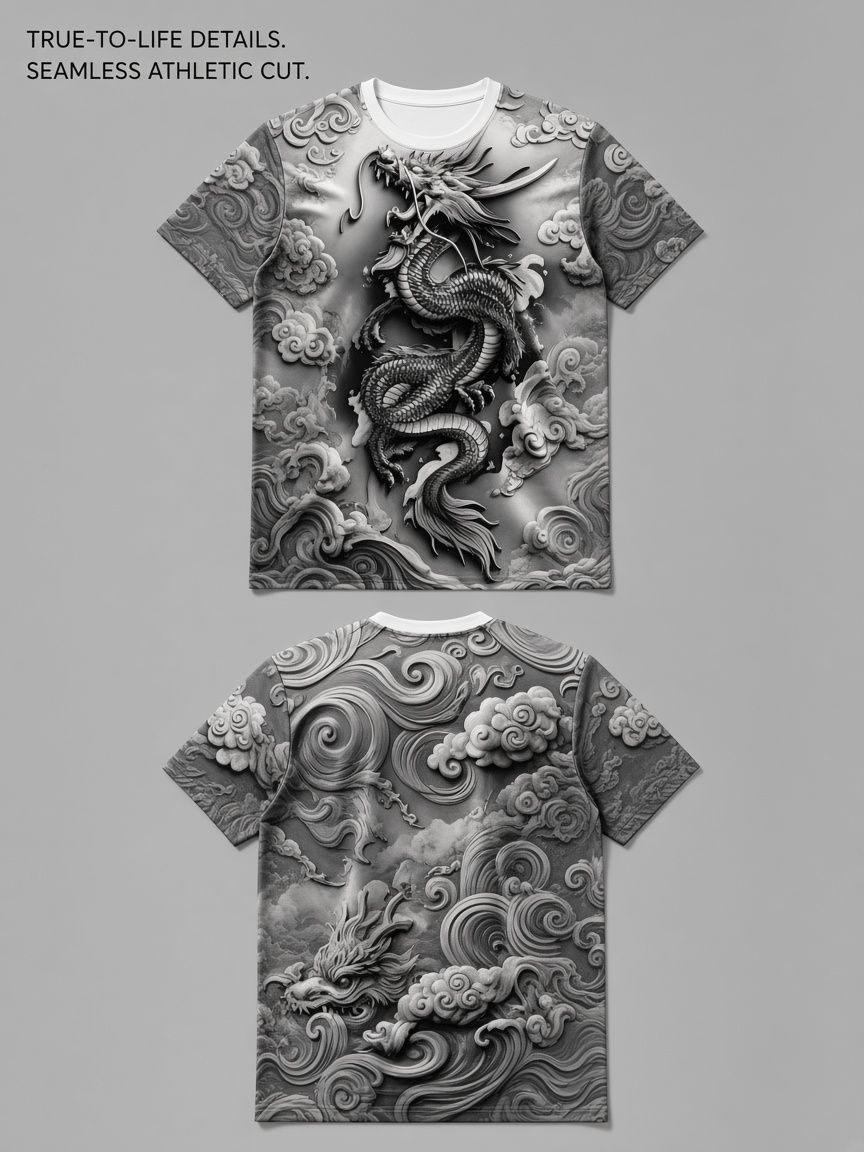 Chinese Dragon Relief 3D Optical Illusion Graphic Tee Breathable Athletic Mesh T-Shirt Casual And Sports Wear