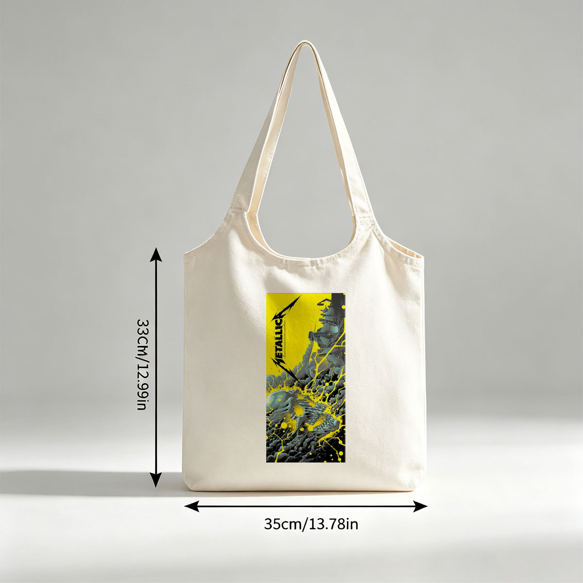 Metallica Band in Explosive Comic-Style Scene with Electric Yellow and Black Mechanical Chaos - Canvas shoulder bags/