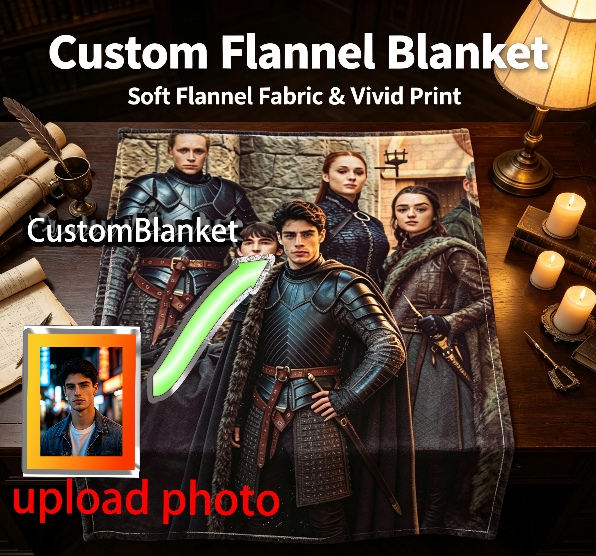 Custom Face Blanket Medieval Knight Group Portrait Flannel Blanket Perfect for Couch or Bed Cozy Gift for Fantasy Fans