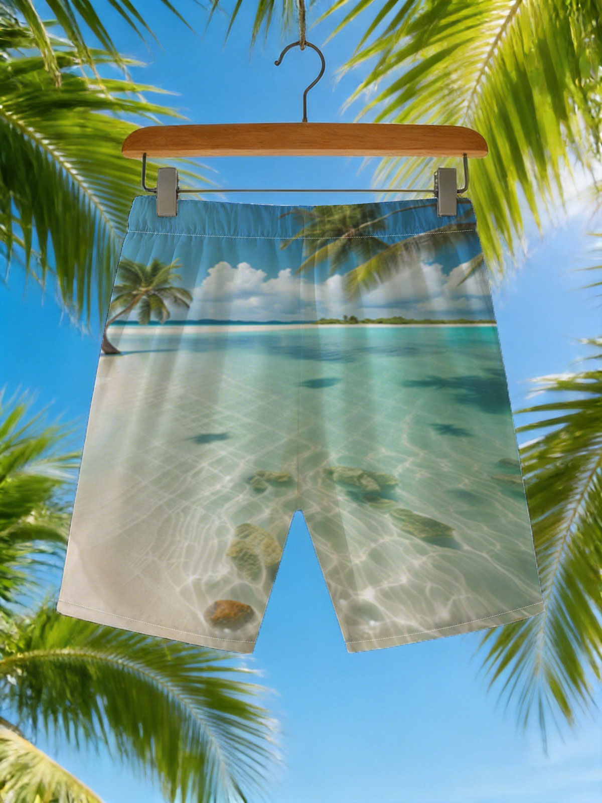 Serene tropical beach with crystal clear water and palm trees -  Beach shorts