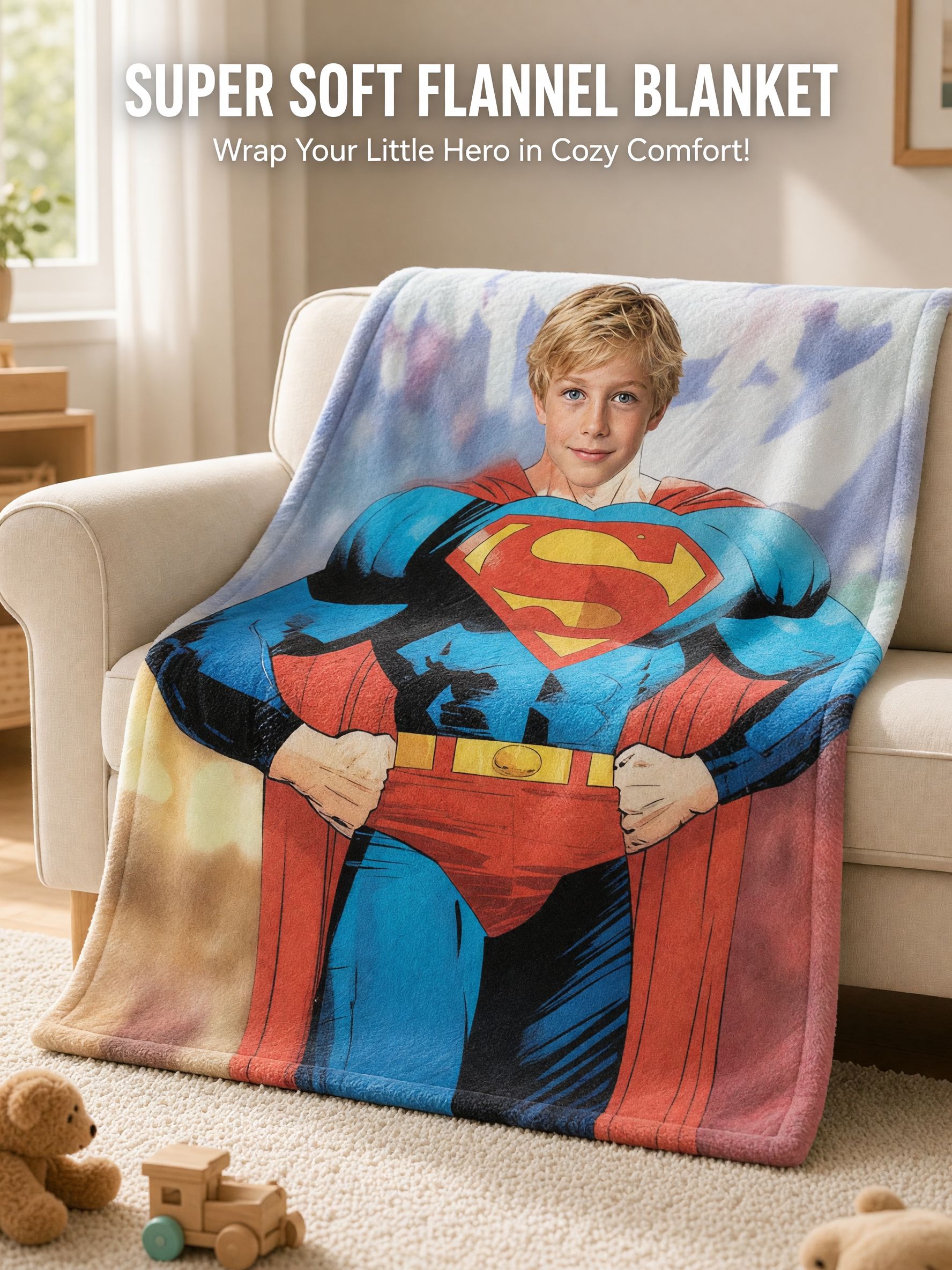 Custom Photo Superhero Flannel Blanket, Personalized Face Plush Throw, Cozy Warm Keepsake Gift for Kids and Family