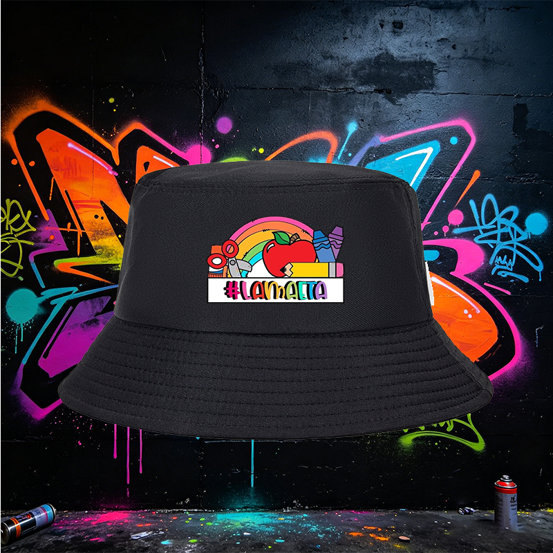 Unisex Bucket Hat with Rainbow Apple and School Supplies Print, #LAMMAETA Design, Classic Cotton Sun Hat for Outdoor Activities, Perfect for Students and Teachers