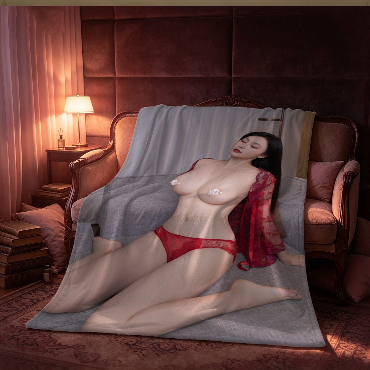 Nude blonde woman lying on wooden table in modern apartment. - Blanket