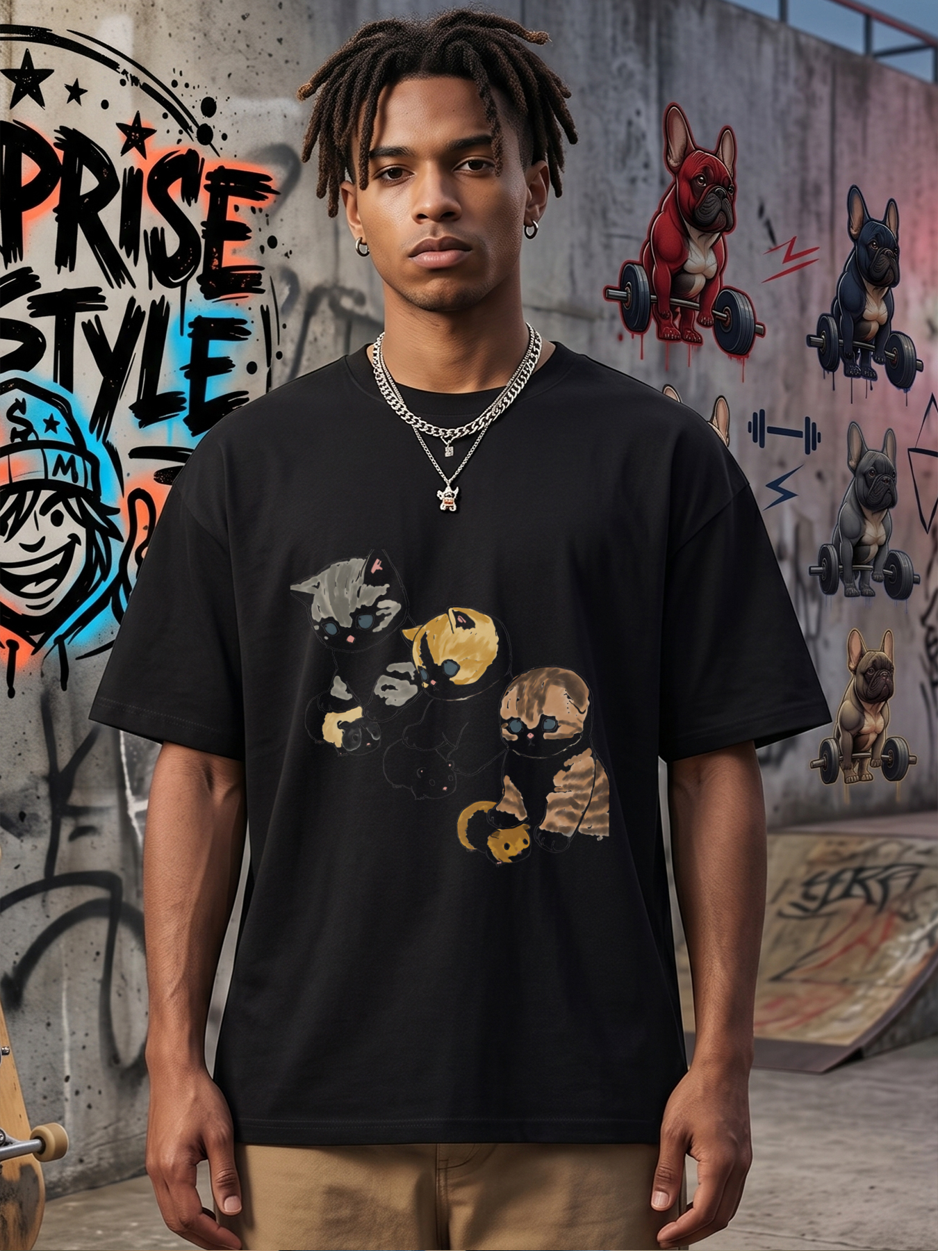 Men's Printed T-Shirt Featuring Cute Cartoon Cats with Expressive Eyes and Playful Design, Casual Round Neck Summer Lightweight Breathable Short Sleeve T-Shirt for Daily Wear, Outdoor Activities, and Pet Lovers