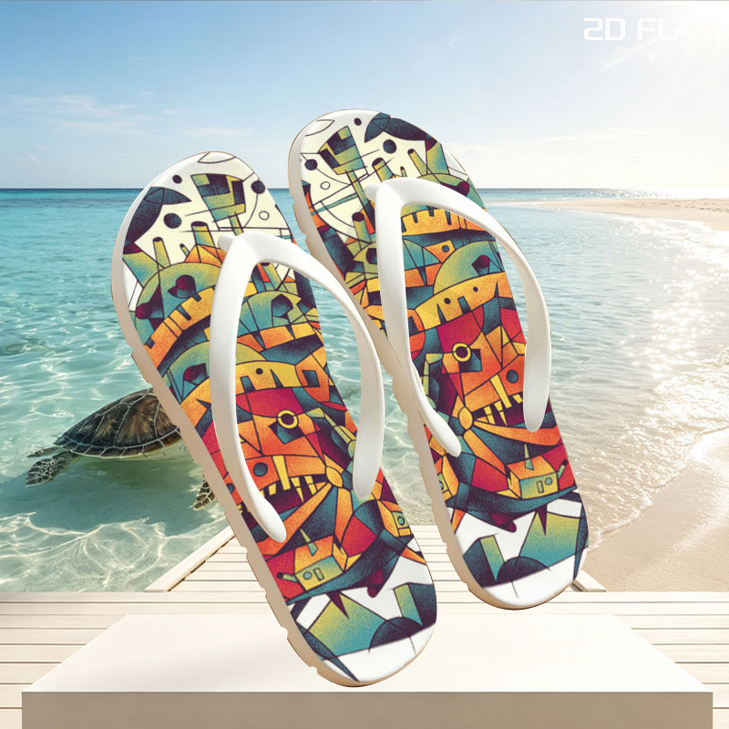 Abstract Mechanical Monster with Vibrant Geometric Design -  flip-flops