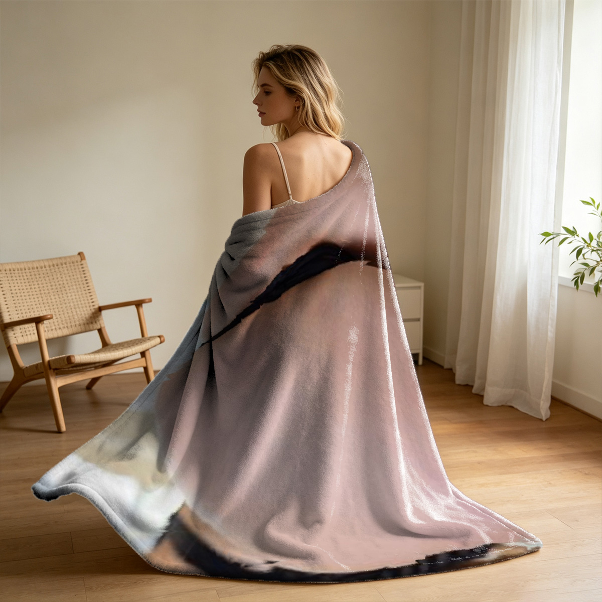 A young Asian woman with long brown hair in a pink sheer babydoll lingerie standing in a hotel room. - Blanket