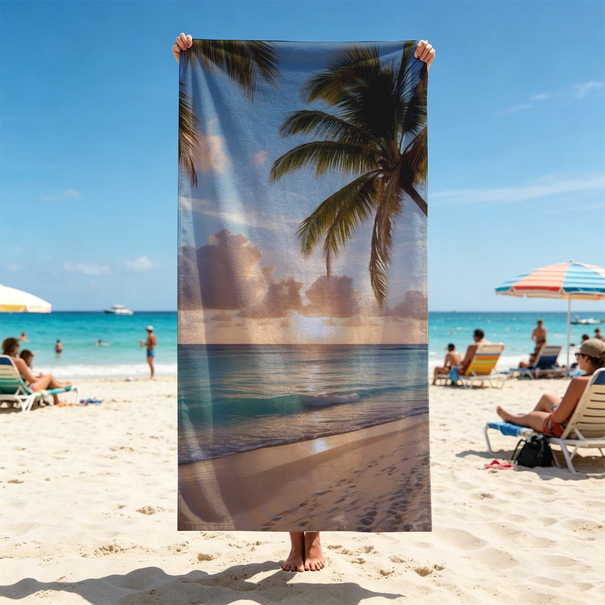 Sunset on a tropical beach with palm trees and calm ocean waves. - Beach towels