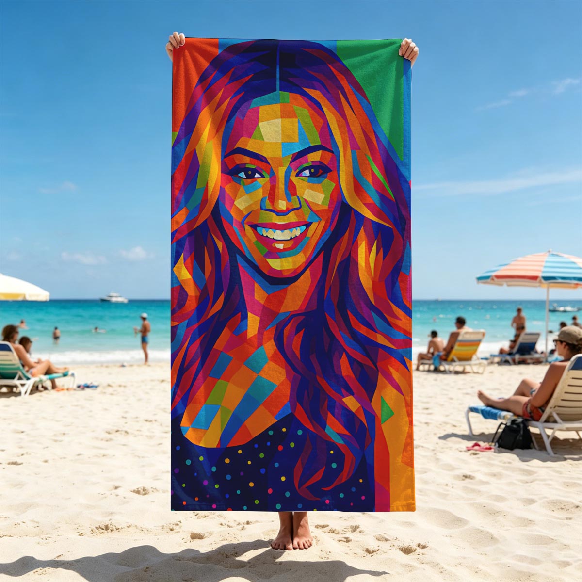 Colorful Portrait of a Smiling Woman with Vibrant Geometric Patterns - Beach towels
