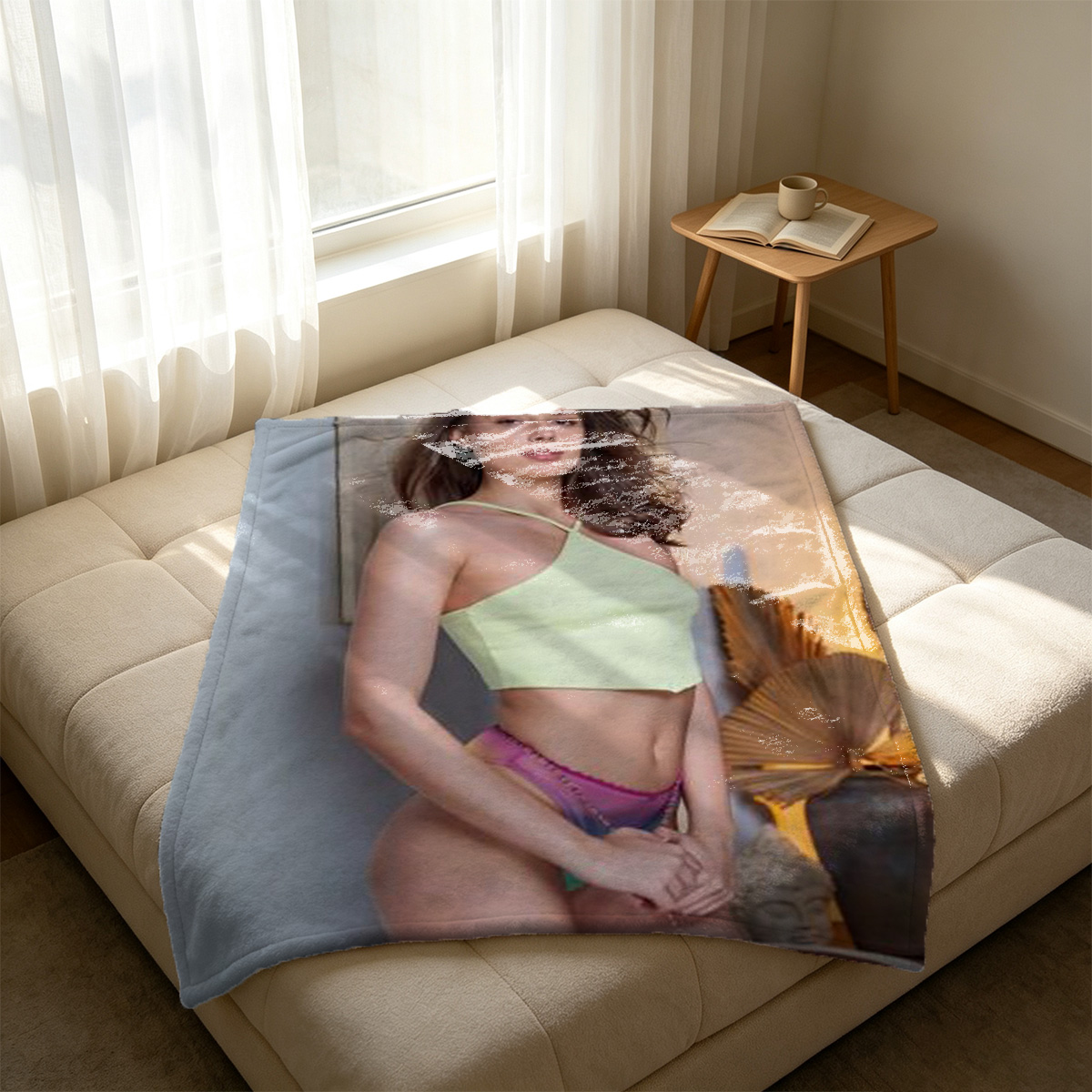 Two Women in Bikinis Posing on Rocky Ocean Coastline - Blanket