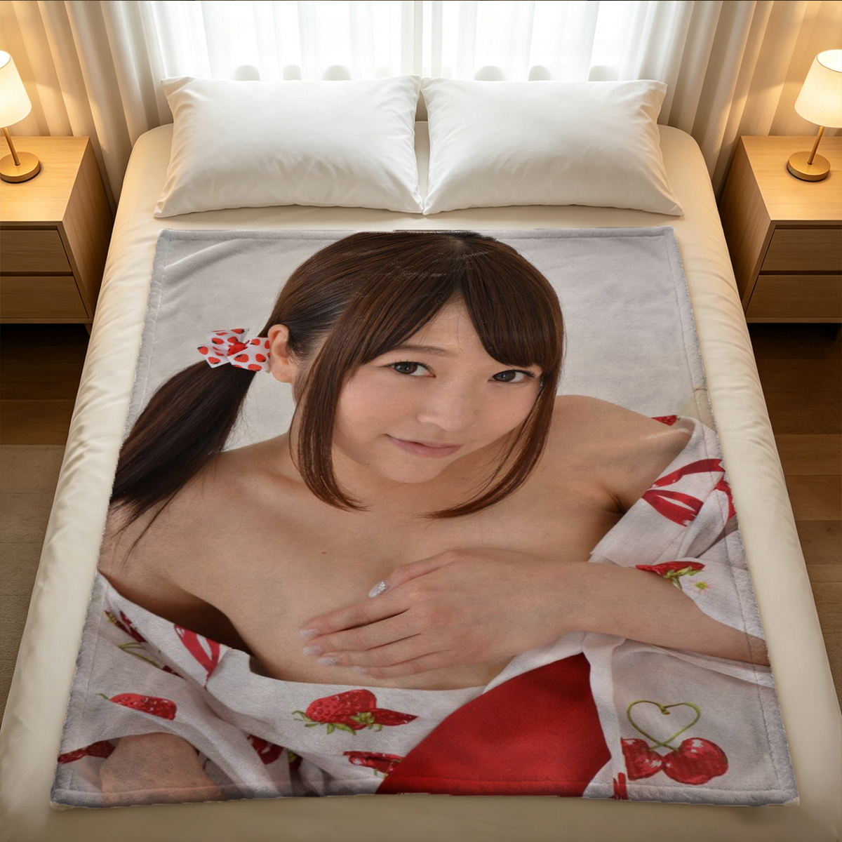 A young Asian woman in a purple lingerie set posing seductively on a couch. - Blanket