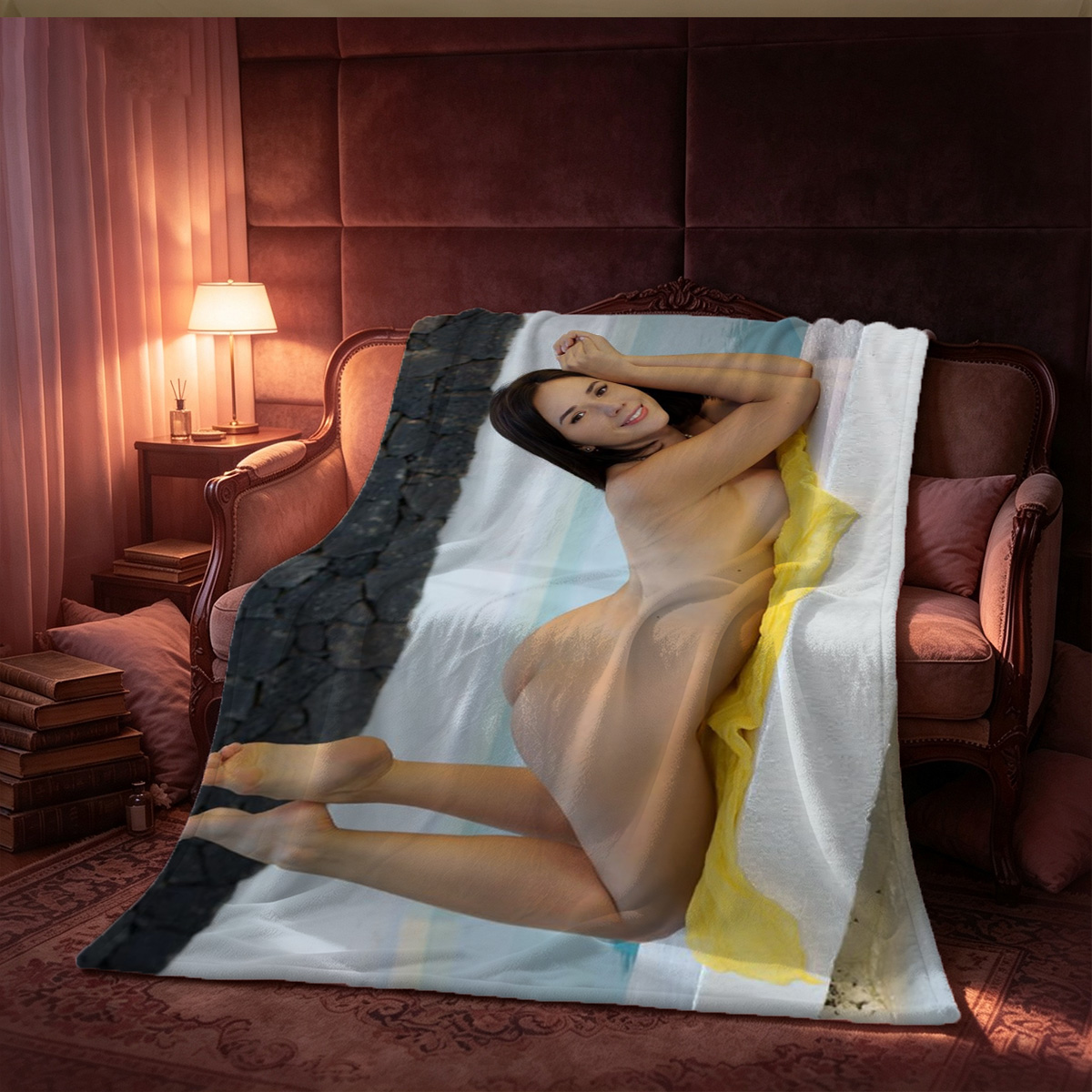 Yua Mikami topless in black skirt, covering breasts with hand - Blanket