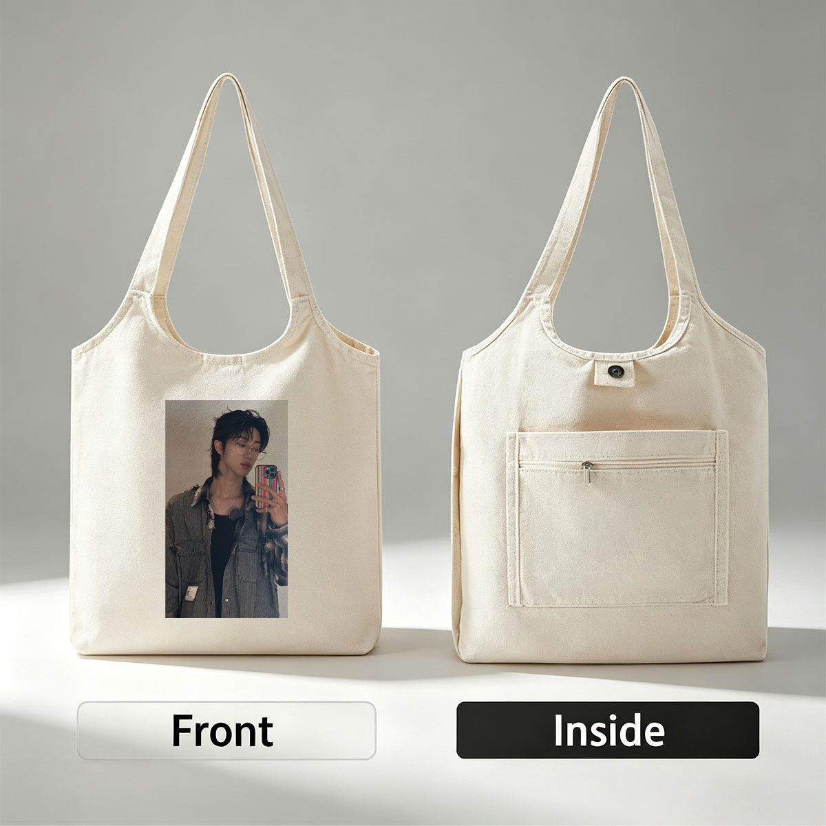 The Boyz Member in Mirror Selfie Wearing Striped Jacket and Glasses with Rainbow Phone Case - Canvas shoulder bags/