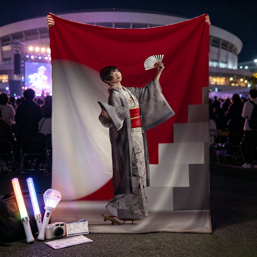 Maki Horikita in Traditional Kimono Holding Fan Against Red Background - Blankets