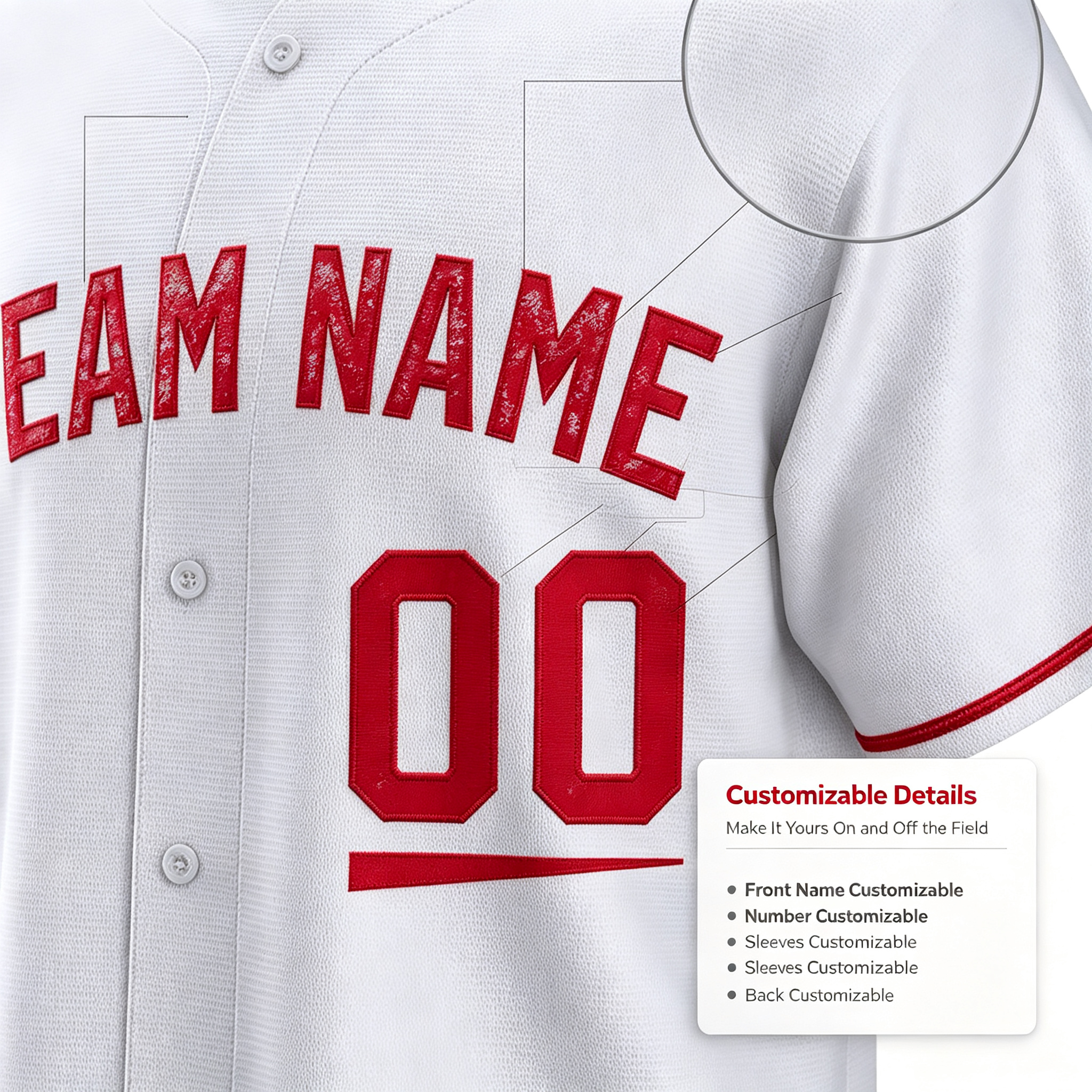 Custom Printed Cincinnati Style Baseball Jersey White Red Trim Button Down Shirt for Men and Women