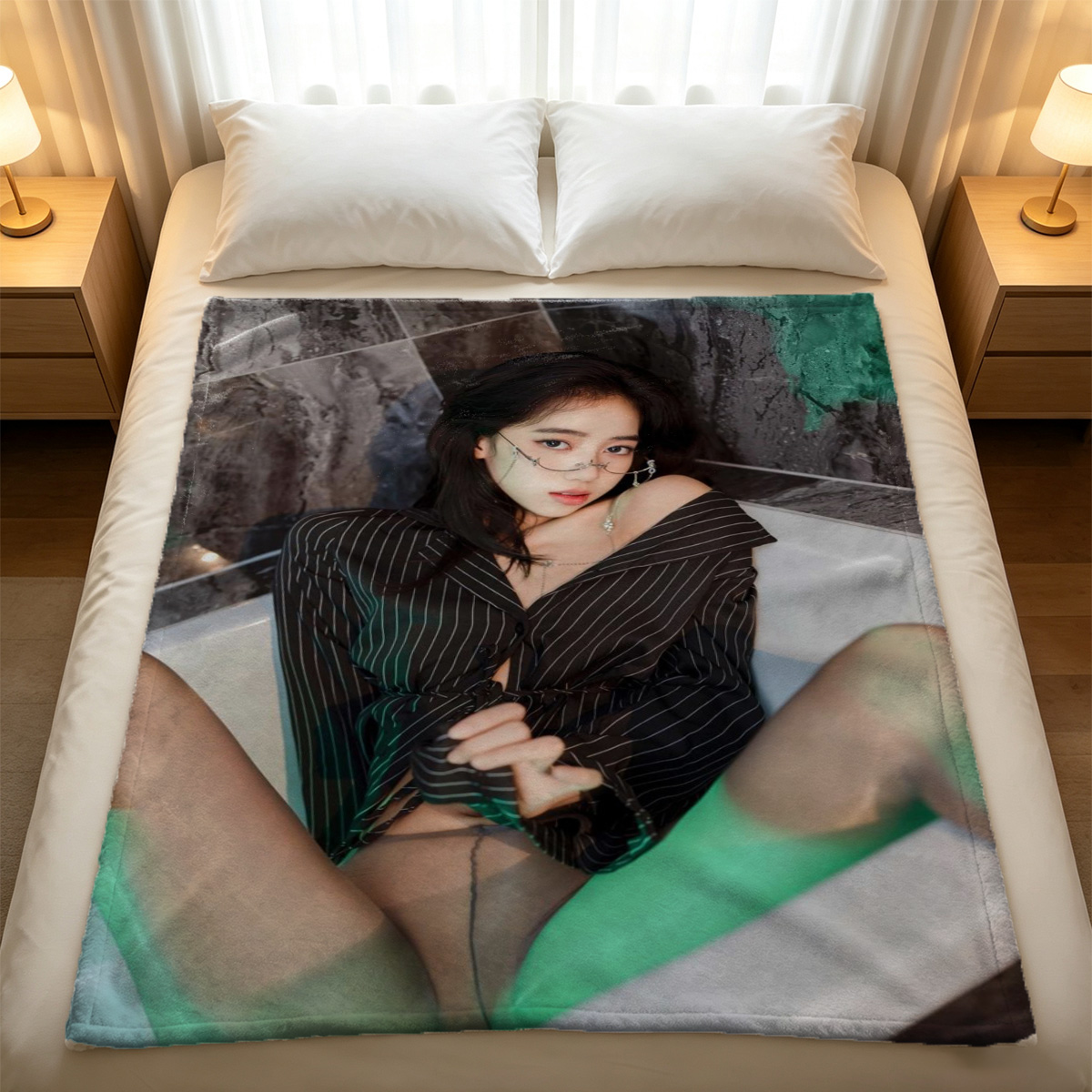 Nude Asian Woman Reading Book in Black Stockings - Blanket