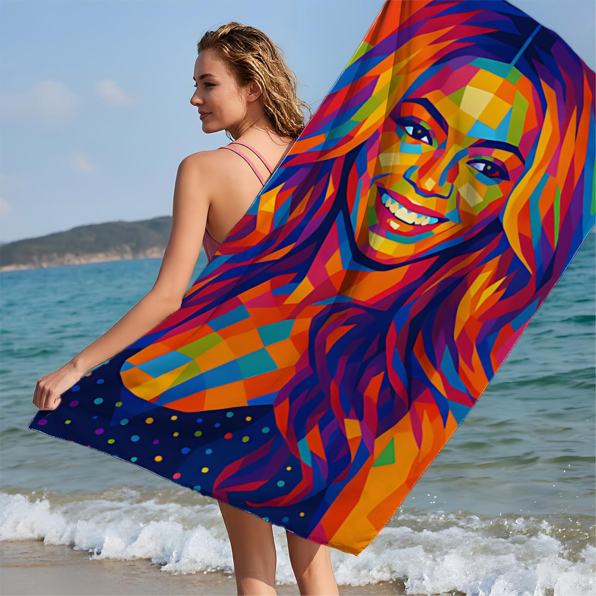 Colorful Portrait of a Smiling Woman with Vibrant Geometric Patterns - Beach towels