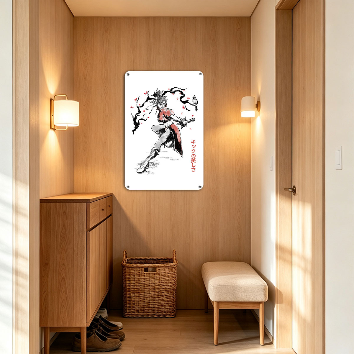 Chun-Li from Street Fighter in a dynamic kick pose with cherry blossoms and a bird, showcasing martial arts elegance - painting
