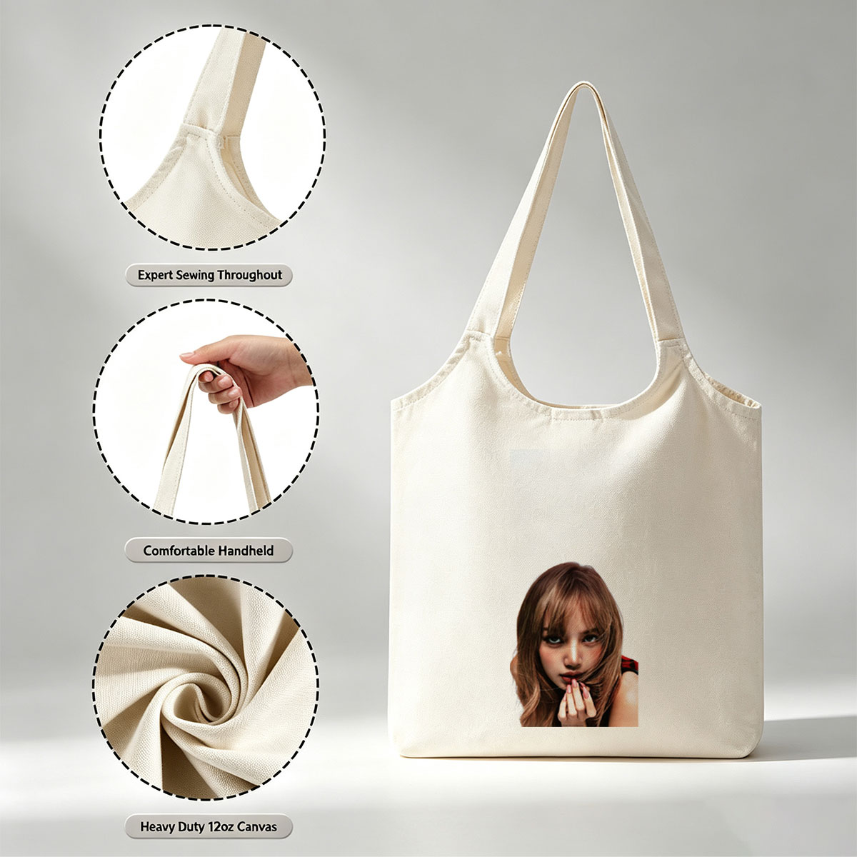 Lisa Blackpink Close-Up Portrait with Blush and Pink Nails on White Background - Canvas shoulder bags/