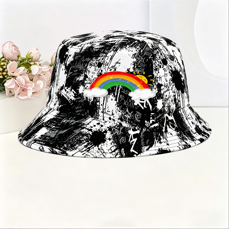 Unisex Classic Graffiti Bucket Hat with Rainbow Sun and Cloud Print | Stylish Outdoor Hat for Casual Wear, Beach, Travel, and Daily Use | Perfect for Youth, Students, and Fashion Lovers Seeking Vibrant Accessories